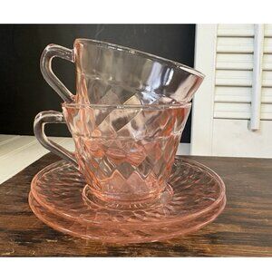 Vintage Pink Depression Glass Teacups & Saucers Set Of 4 Total